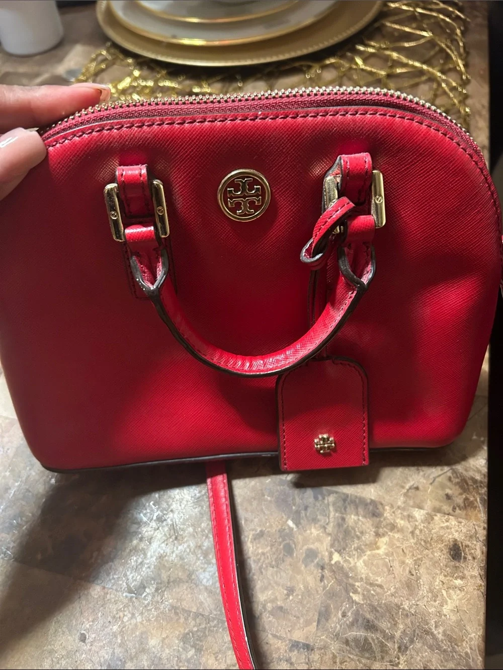Tory Burch Red Saffiano Leather Mini Satchel with Gold Hardware
